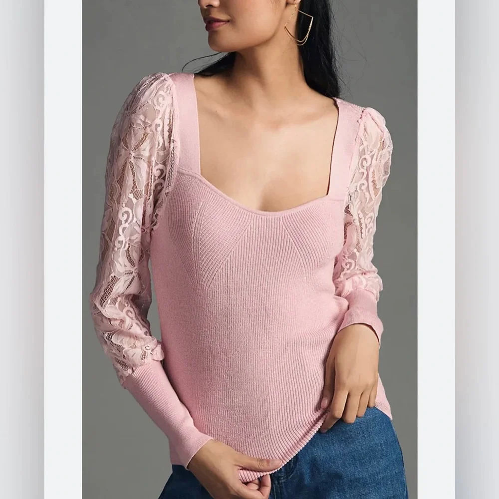 NWT Anthropologie Gayla Pink Lace Puff Sleeve Bodice Knit Sweater